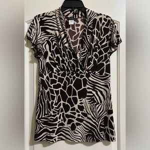 JKLA California Women’s Brown Beige V-Neck Short Sleeve Stretch Blouse Top Large